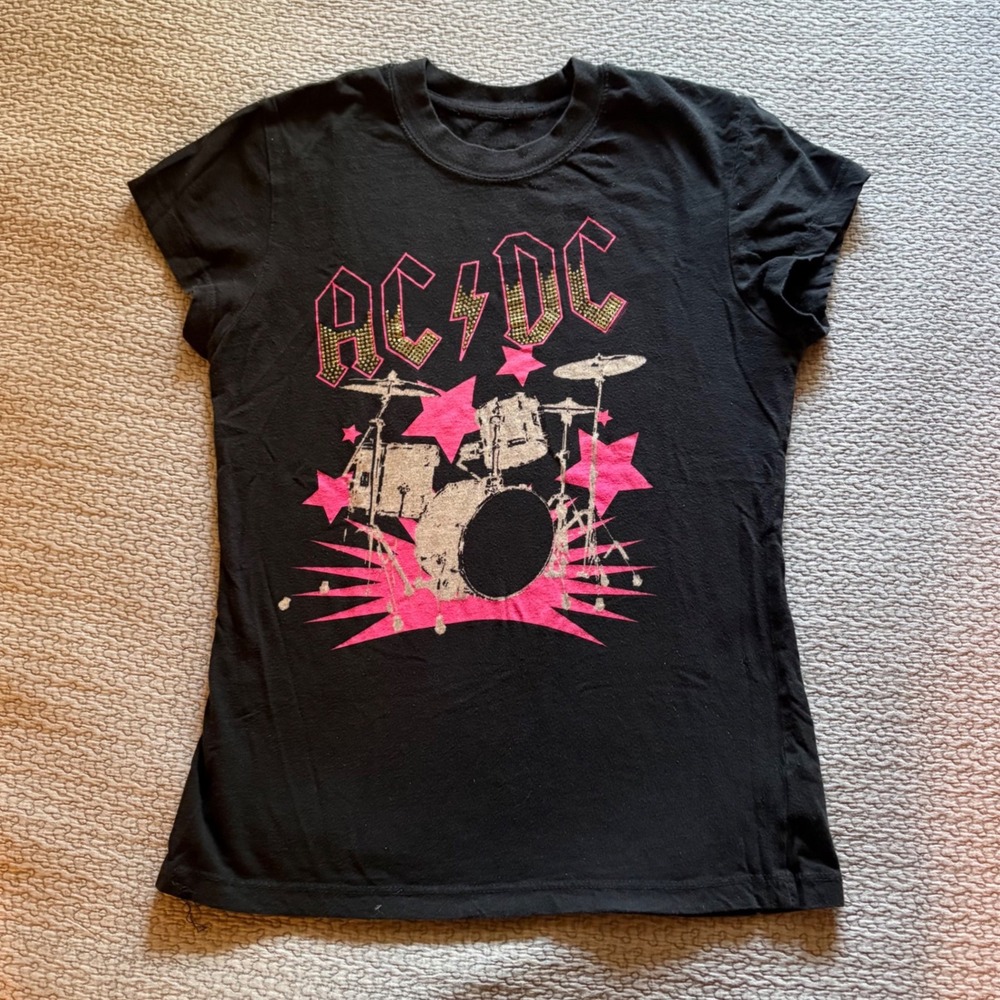 AC/DC Graphic T-Shirt Black Pink Stars Studded Band Tee Women Small